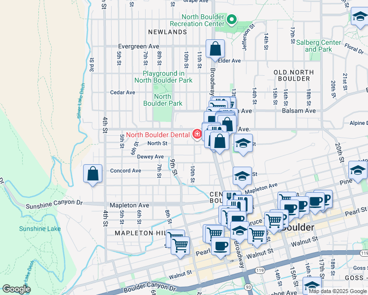 map of restaurants, bars, coffee shops, grocery stores, and more near 940 North Street in Boulder
