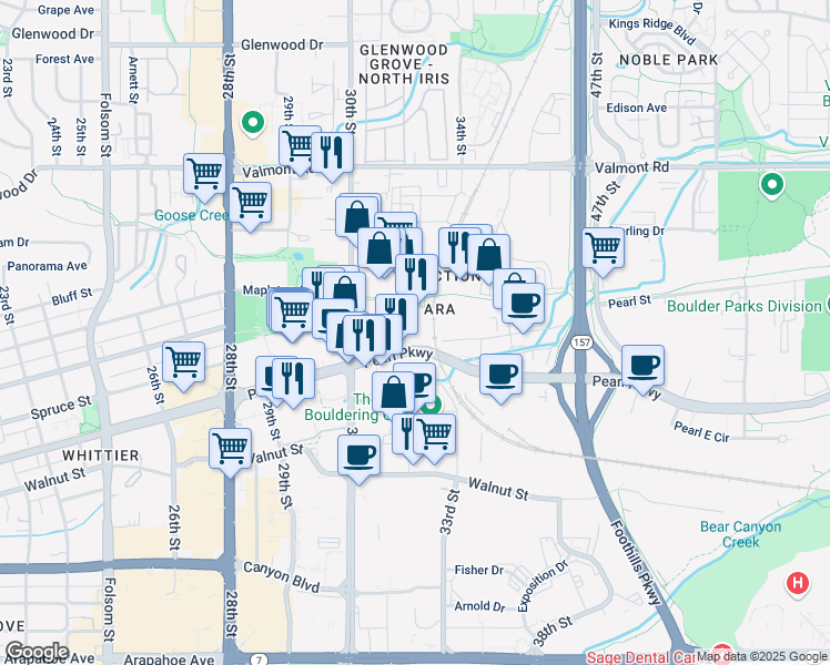 map of restaurants, bars, coffee shops, grocery stores, and more near 3203 Pearl Street in Boulder