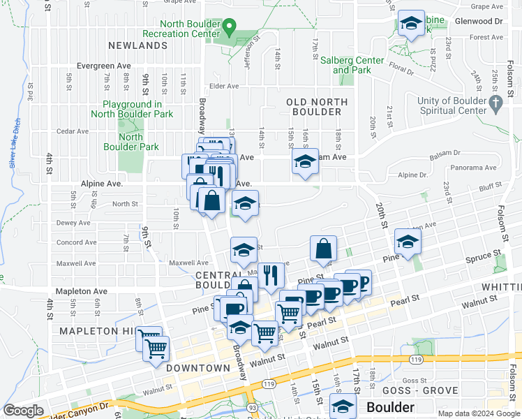 map of restaurants, bars, coffee shops, grocery stores, and more near 1412 North Street in Boulder