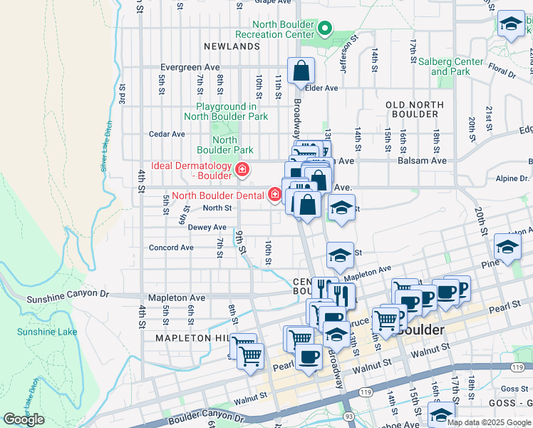 map of restaurants, bars, coffee shops, grocery stores, and more near 1001 North Street in Boulder