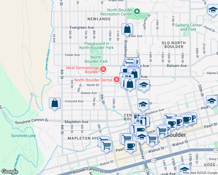 map of restaurants, bars, coffee shops, grocery stores, and more near 940 North Street in Boulder