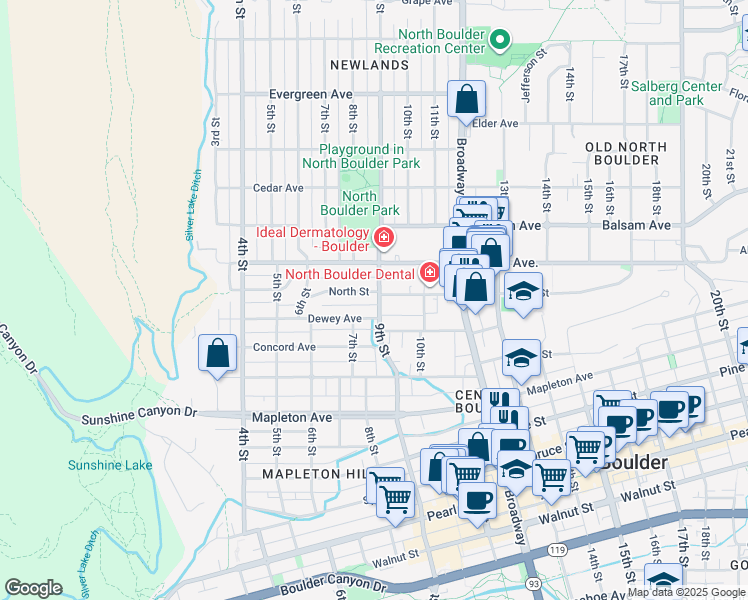 map of restaurants, bars, coffee shops, grocery stores, and more near 752 North Street in Boulder