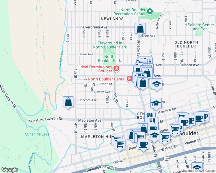 map of restaurants, bars, coffee shops, grocery stores, and more near 752 North Street in Boulder