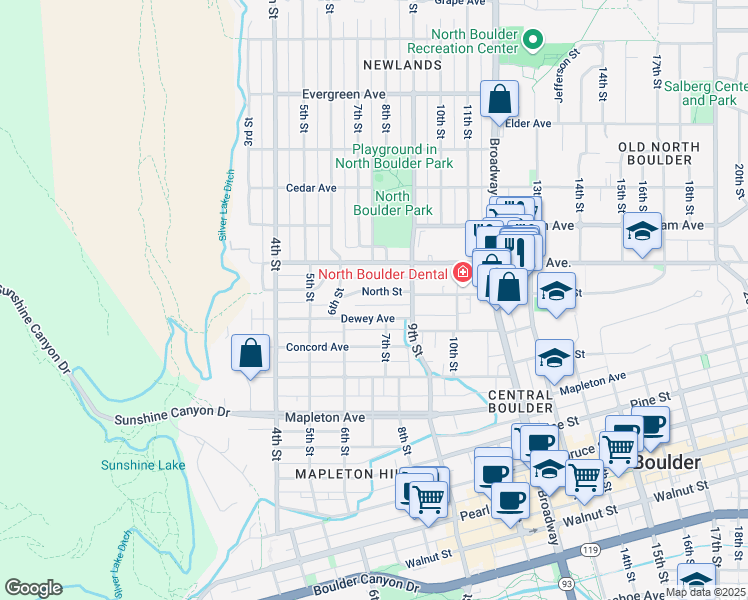 map of restaurants, bars, coffee shops, grocery stores, and more near 620 North Street in Boulder