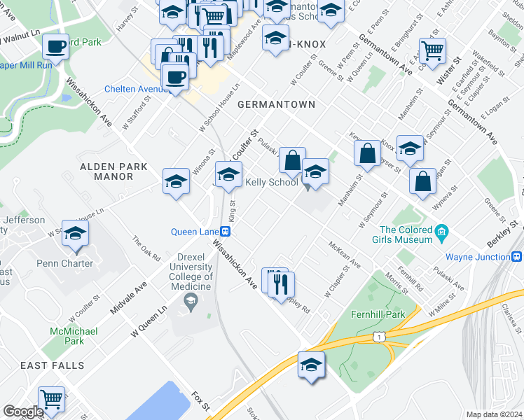 map of restaurants, bars, coffee shops, grocery stores, and more near 427 West Bringhurst Street in Philadelphia