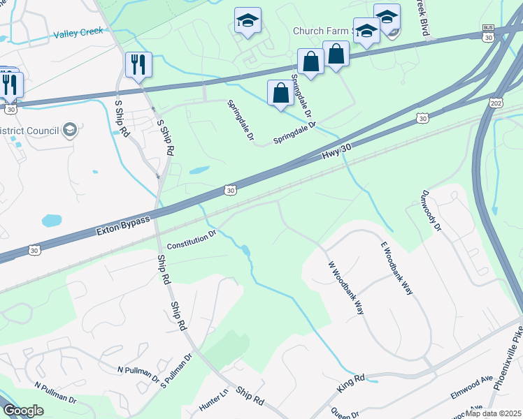map of restaurants, bars, coffee shops, grocery stores, and more near 806 Constitution Drive in West Chester