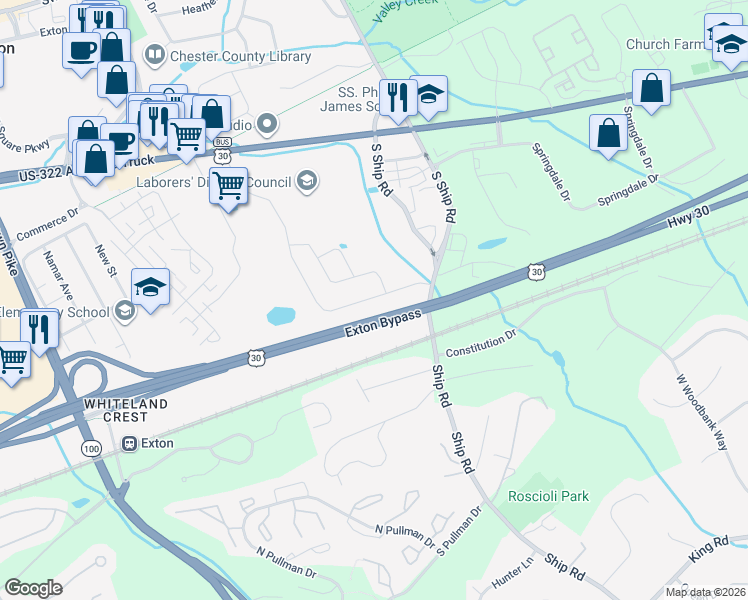map of restaurants, bars, coffee shops, grocery stores, and more near Exton Bypass in Exton