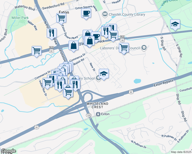 map of restaurants, bars, coffee shops, grocery stores, and more near 228 New Street in Exton