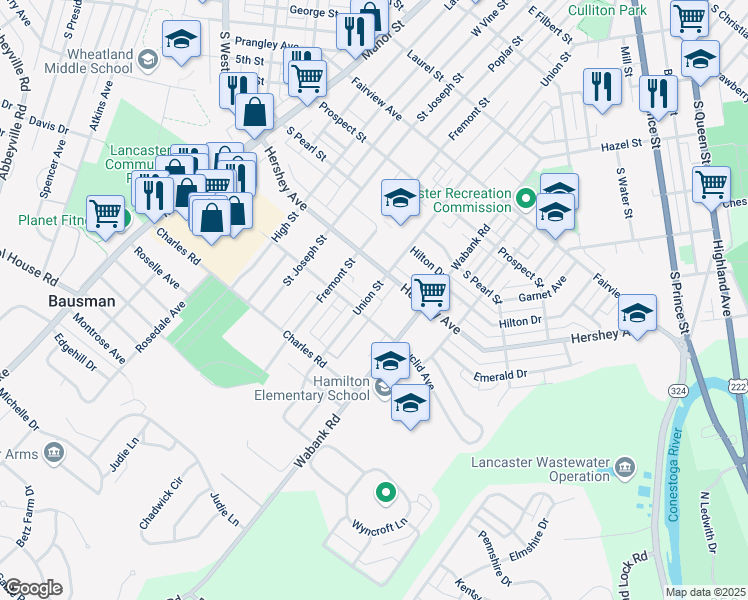 map of restaurants, bars, coffee shops, grocery stores, and more near 1136 Union Street in Lancaster