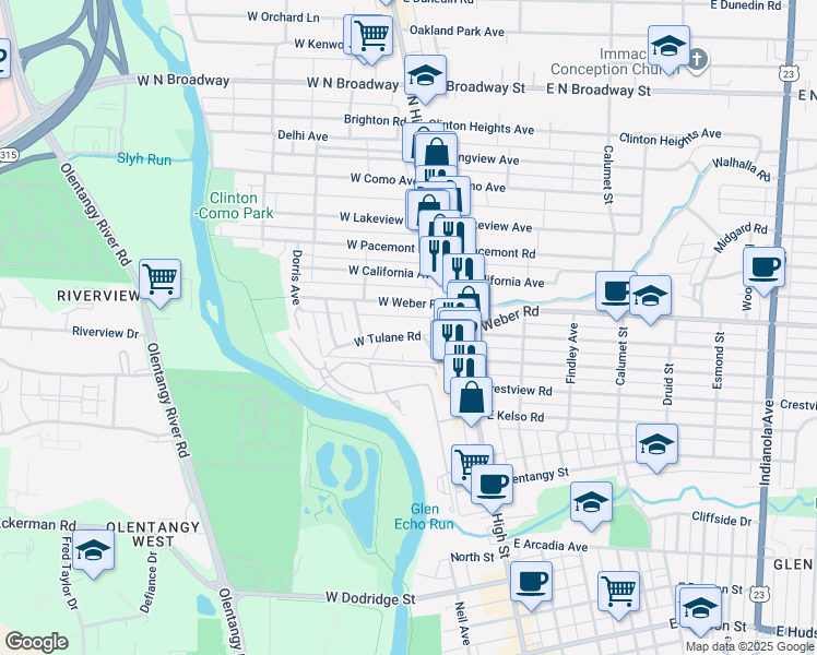 map of restaurants, bars, coffee shops, grocery stores, and more near 76 West Tulane Road in Columbus