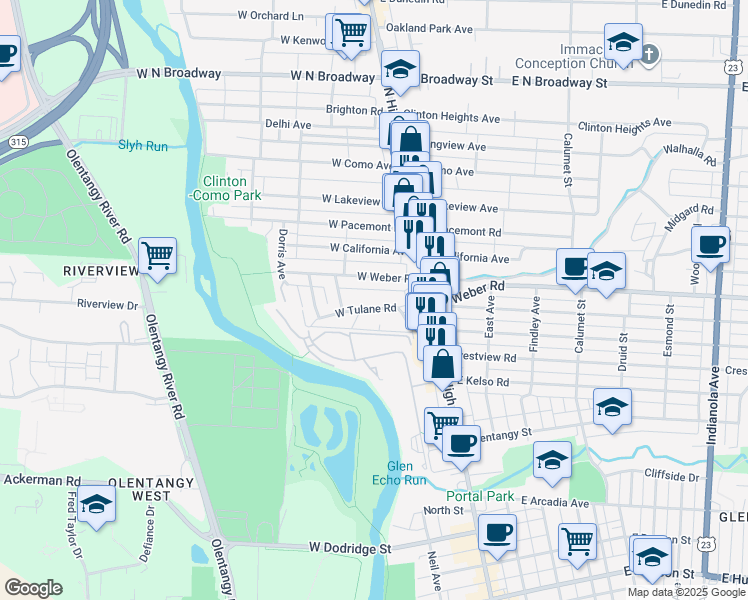 map of restaurants, bars, coffee shops, grocery stores, and more near 76 West Tulane Road in Columbus