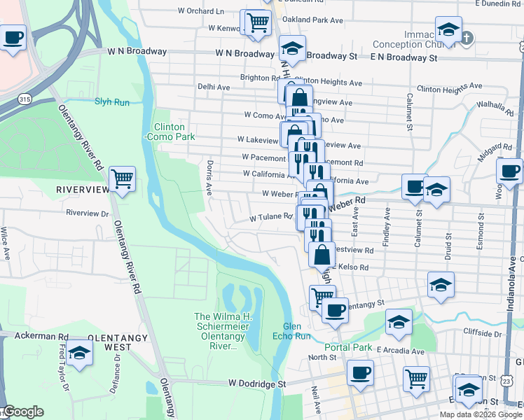 map of restaurants, bars, coffee shops, grocery stores, and more near 3082 Neil Avenue in Columbus