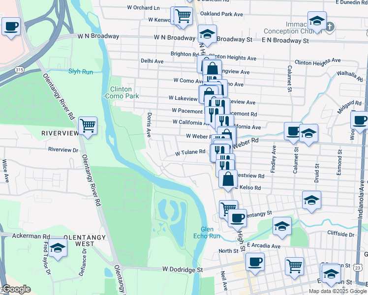 map of restaurants, bars, coffee shops, grocery stores, and more near 3082 Neil Avenue in Columbus