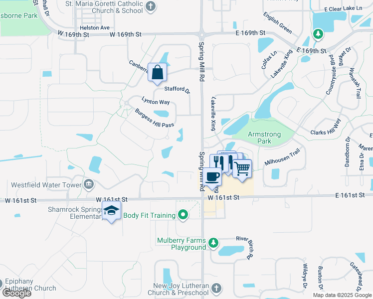 map of restaurants, bars, coffee shops, grocery stores, and more near 16310 Spring Mill Road in Westfield