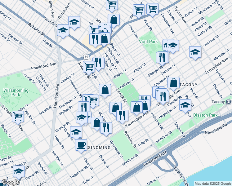 map of restaurants, bars, coffee shops, grocery stores, and more near 6359 Cottage Street in Philadelphia