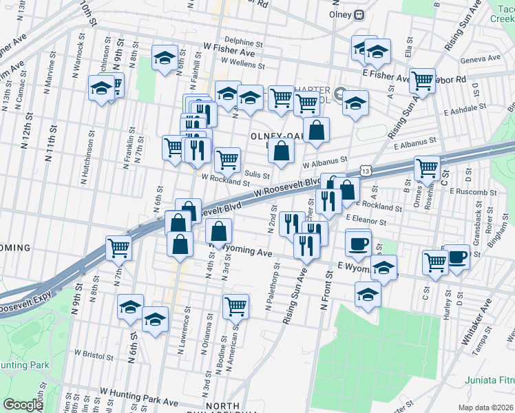 map of restaurants, bars, coffee shops, grocery stores, and more near 222 West Roosevelt Boulevard in Philadelphia