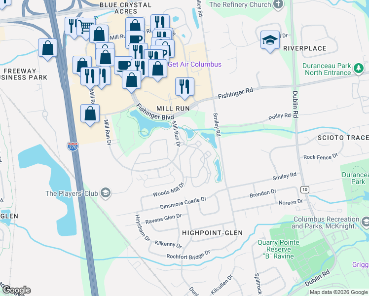 map of restaurants, bars, coffee shops, grocery stores, and more near 3586 Fishinger Mill Drive in Hilliard