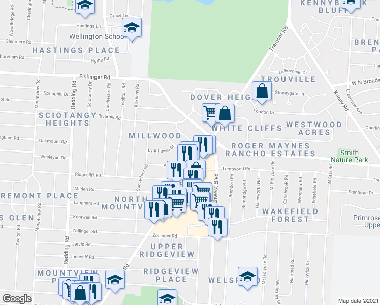 map of restaurants, bars, coffee shops, grocery stores, and more near 1731 Ardleigh Road in Columbus