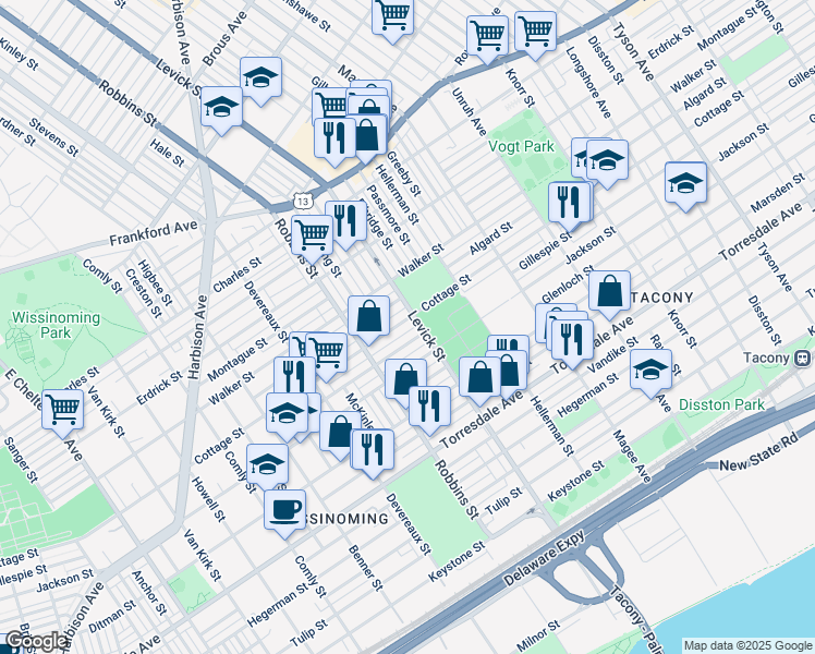 map of restaurants, bars, coffee shops, grocery stores, and more near 6359 Cottage Street in Philadelphia