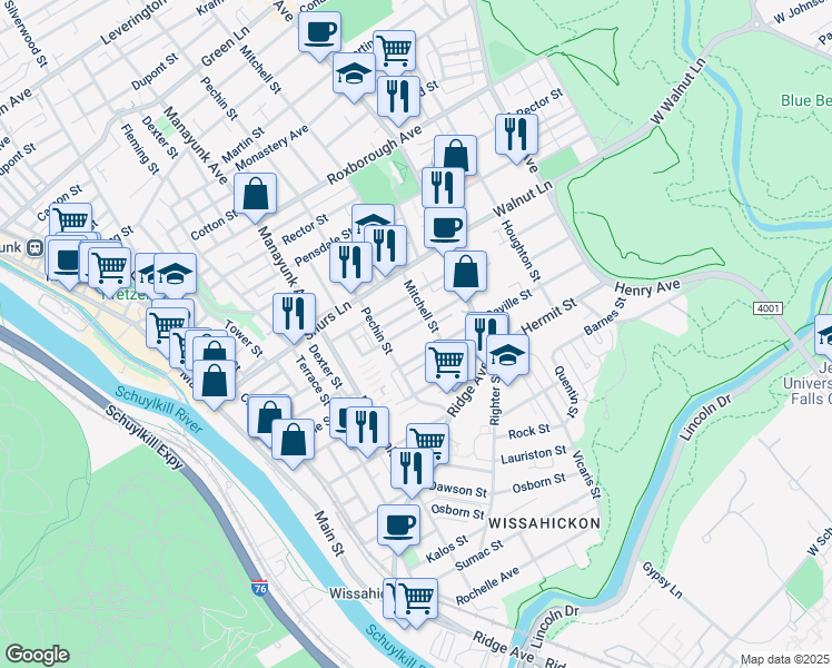 map of restaurants, bars, coffee shops, grocery stores, and more near 441 Markle St in Philadelphia