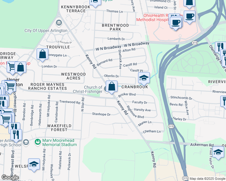 map of restaurants, bars, coffee shops, grocery stores, and more near 3214 Kenny Road in Columbus