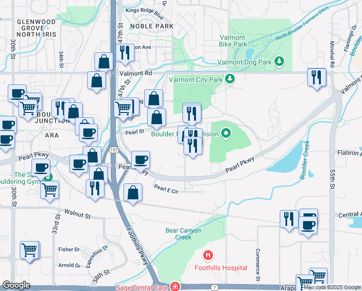 map of restaurants, bars, coffee shops, grocery stores, and more near 2529 49th Street in Boulder