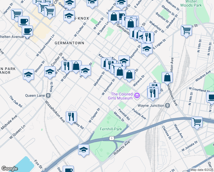 map of restaurants, bars, coffee shops, grocery stores, and more near 249 West Seymour Street in Philadelphia