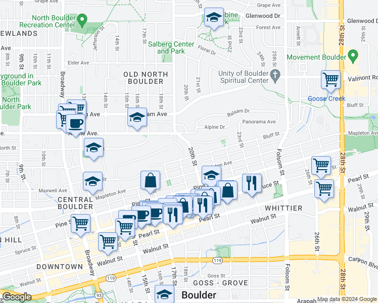 map of restaurants, bars, coffee shops, grocery stores, and more near 2409 20th Street in Boulder
