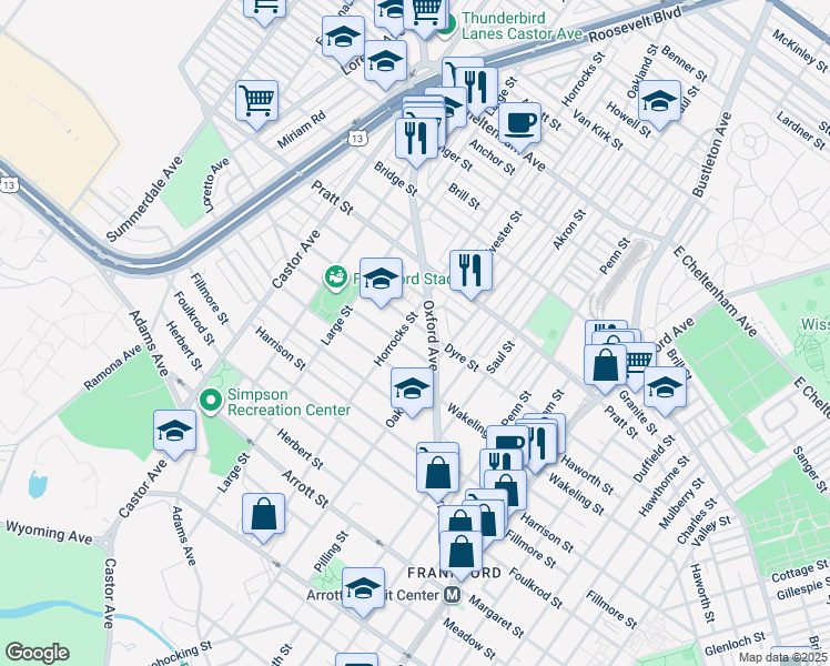 map of restaurants, bars, coffee shops, grocery stores, and more near 1206 Dyre St in Philadelphia