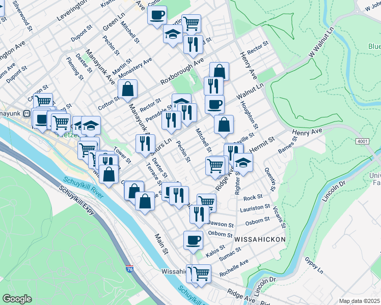 map of restaurants, bars, coffee shops, grocery stores, and more near 414 Markle Street in Philadelphia