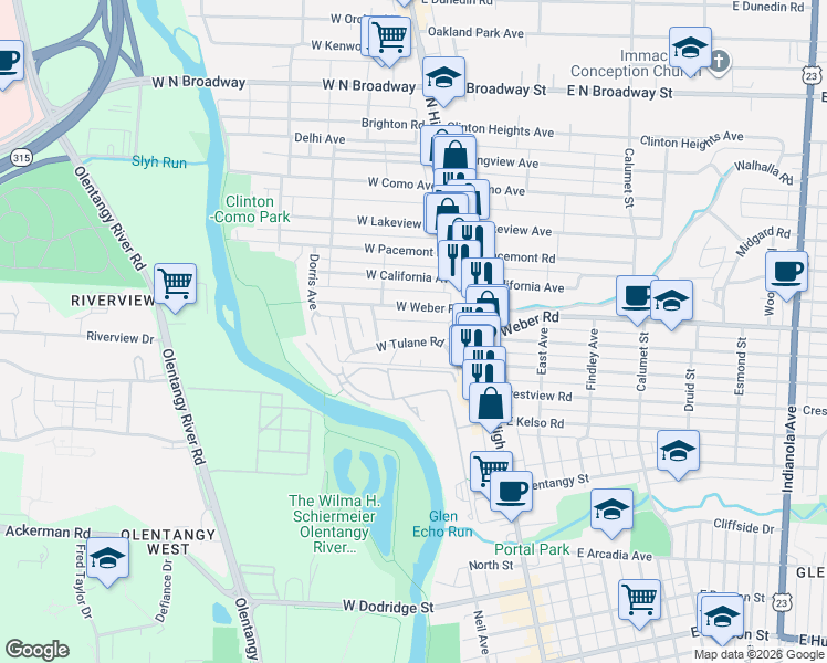 map of restaurants, bars, coffee shops, grocery stores, and more near 76 West Tulane Road in Columbus