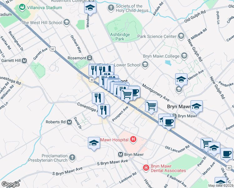 map of restaurants, bars, coffee shops, grocery stores, and more near in Bryn Mawr