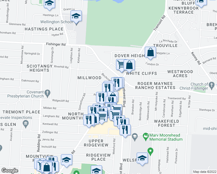 map of restaurants, bars, coffee shops, grocery stores, and more near 1735 Ardleigh Road in Upper Arlington