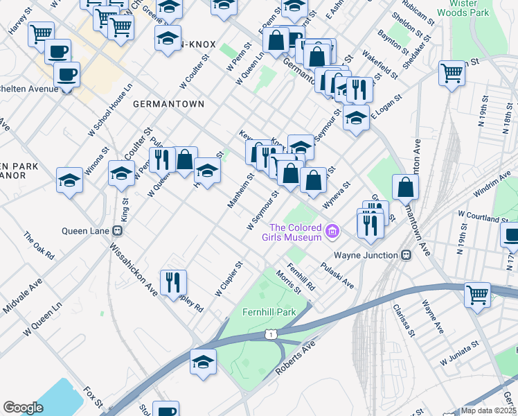 map of restaurants, bars, coffee shops, grocery stores, and more near 249 West Seymour Street in Philadelphia