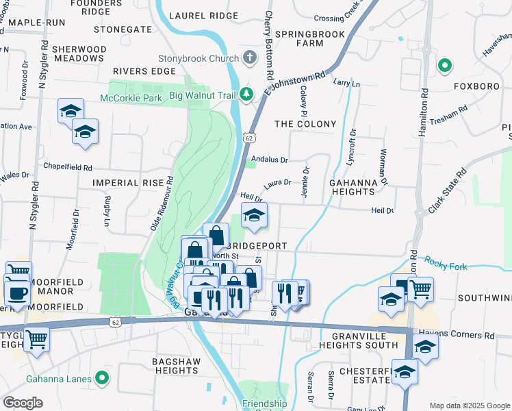 map of restaurants, bars, coffee shops, grocery stores, and more near 135 Heil Drive in Gahanna