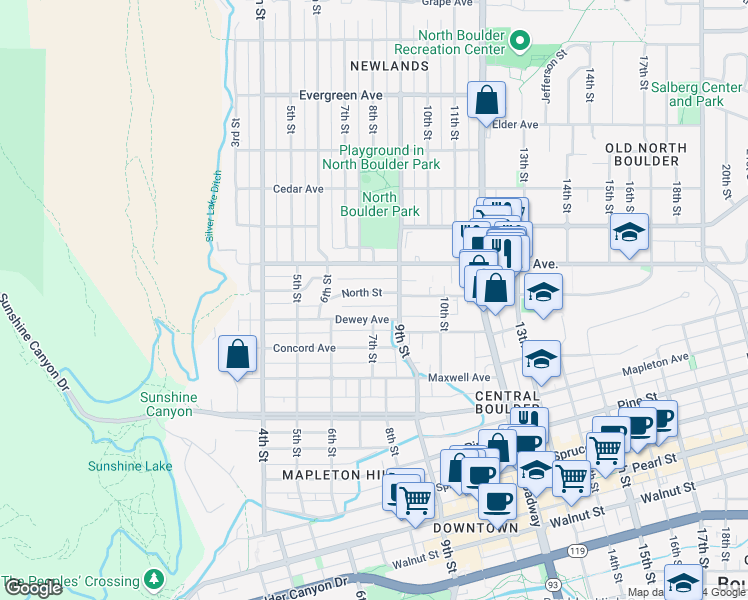 map of restaurants, bars, coffee shops, grocery stores, and more near 752 North Street in Boulder