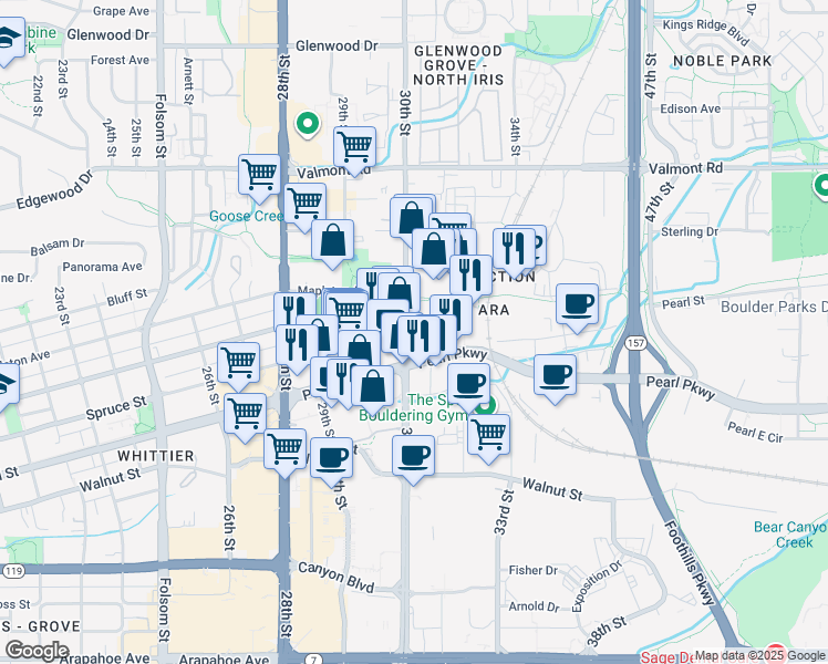 map of restaurants, bars, coffee shops, grocery stores, and more near 2291 31st Street in Boulder