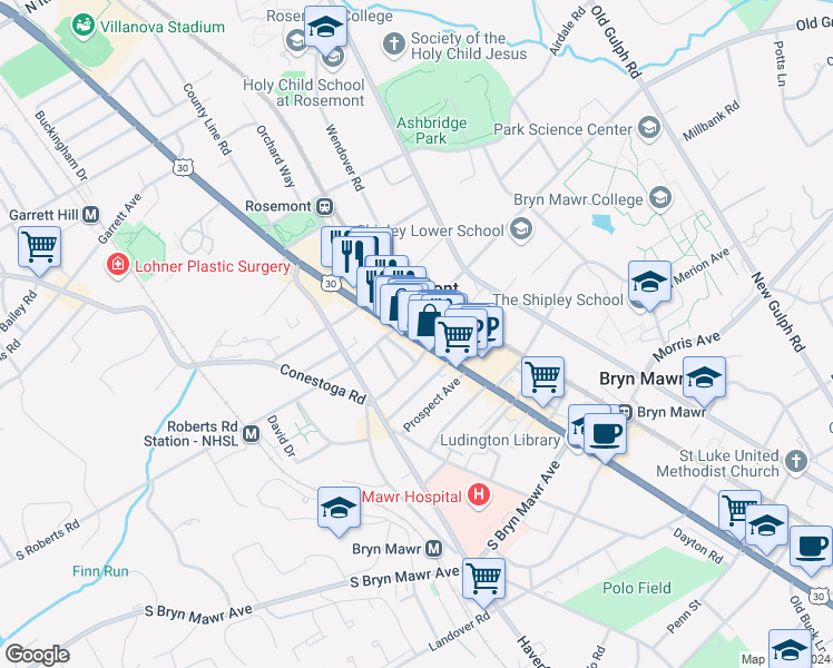 map of restaurants, bars, coffee shops, grocery stores, and more near 1041 West Lancaster Avenue in Bryn Mawr
