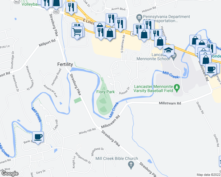 map of restaurants, bars, coffee shops, grocery stores, and more near 414 Dohner Drive in Lancaster