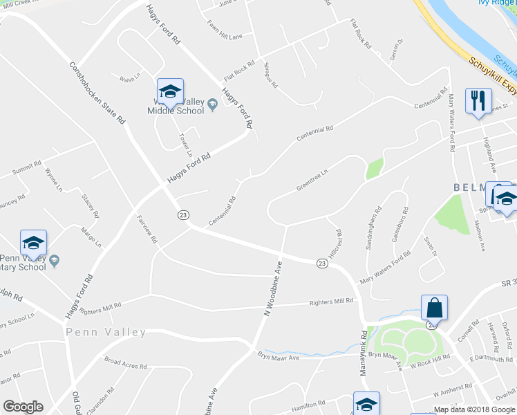 map of restaurants, bars, coffee shops, grocery stores, and more near 1120 Greentree Lane in Penn Valley