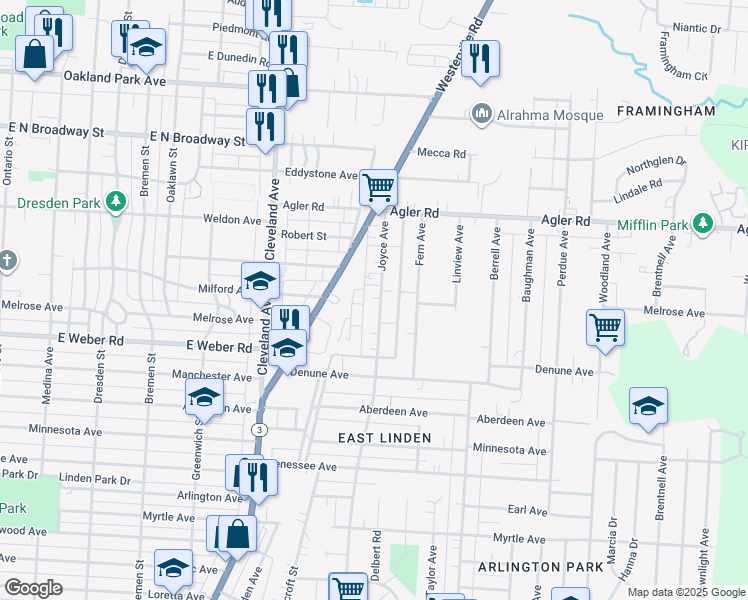 map of restaurants, bars, coffee shops, grocery stores, and more near 2765 Joyce Avenue in Columbus