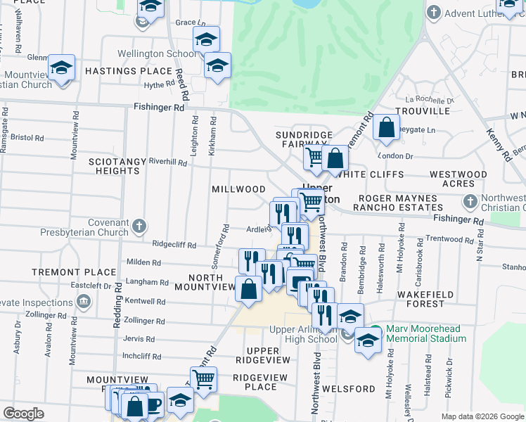 map of restaurants, bars, coffee shops, grocery stores, and more near 1773 Lynnhaven Drive in Columbus