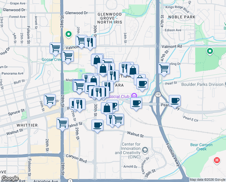 map of restaurants, bars, coffee shops, grocery stores, and more near 3151 Pearl Parkway in Boulder