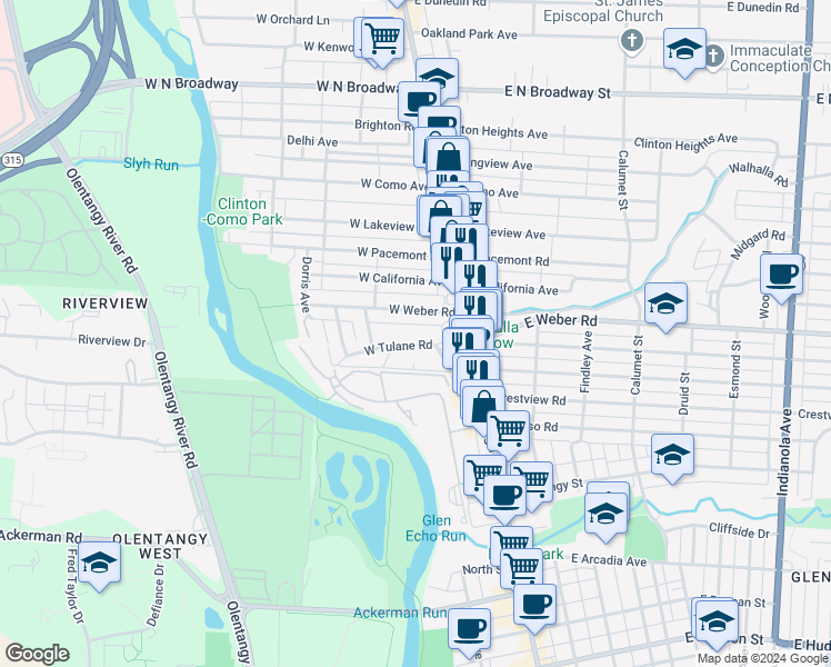map of restaurants, bars, coffee shops, grocery stores, and more near 76 West Tulane Road in Columbus