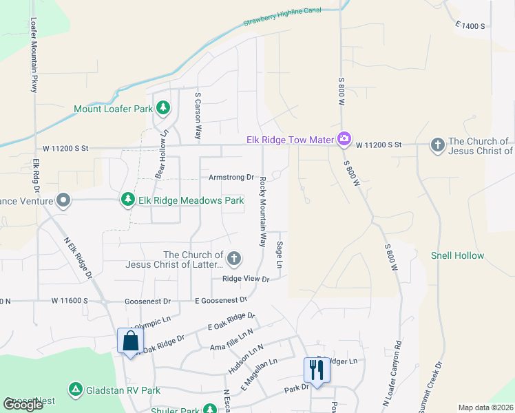 map of restaurants, bars, coffee shops, grocery stores, and more near 1121 Rocky Mountain Way in Elk Ridge