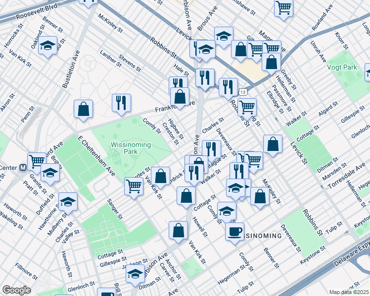 map of restaurants, bars, coffee shops, grocery stores, and more near 6035 Charles Street in Philadelphia