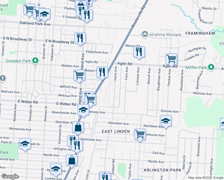 map of restaurants, bars, coffee shops, grocery stores, and more near 2765 Joyce Avenue in Columbus