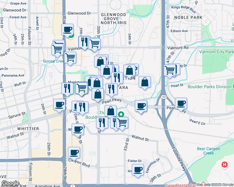 map of restaurants, bars, coffee shops, grocery stores, and more near 3151 Pearl Parkway in Boulder