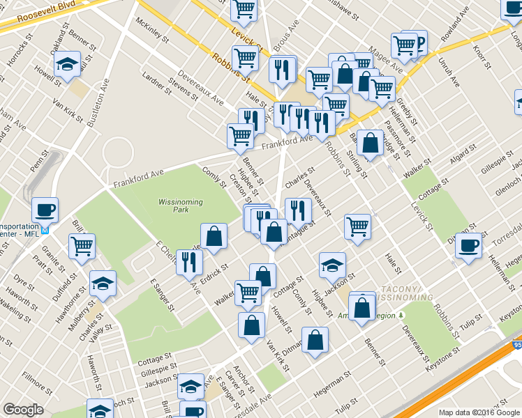 map of restaurants, bars, coffee shops, grocery stores, and more near 6035 Charles Street in Philadelphia