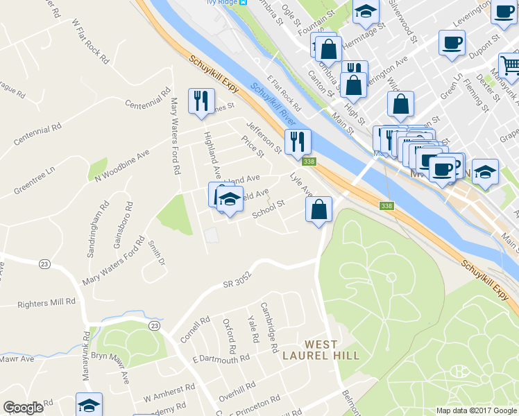 map of restaurants, bars, coffee shops, grocery stores, and more near 171 School Street in Bala Cynwyd